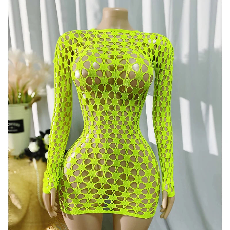 Women Sheer Mesh Long Sleeve Beach Cover Up, Sexy See-Through Fishnet Dress, Solid BodyconFor Summer Beach Party