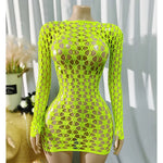 Women Sheer Mesh Long Sleeve Beach Cover Up, Sexy See-Through Fishnet Dress, Solid BodyconFor Summer Beach Party