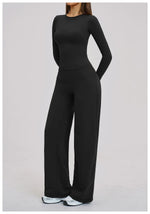 Yoga Set 2 Pieces Women Fitness Sportswear Gym Loose wide-leg pants Long-sleeved T-shirt Sports Crop Tops Tracksuit Workout Wear