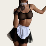 Maid Outfit Cosplay Mesh Lingerie Mesh Transparent Bra+Mini Skirt+Thongs Erotic Costumes Tempation Maid Uniforms Sexy Underwear