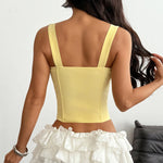 Yellow White Contrast Camisole Women Square Collar Pleate Front Zipper Slim Fit Fishbone Tank Top 2026 Summer Club Holiday Vest