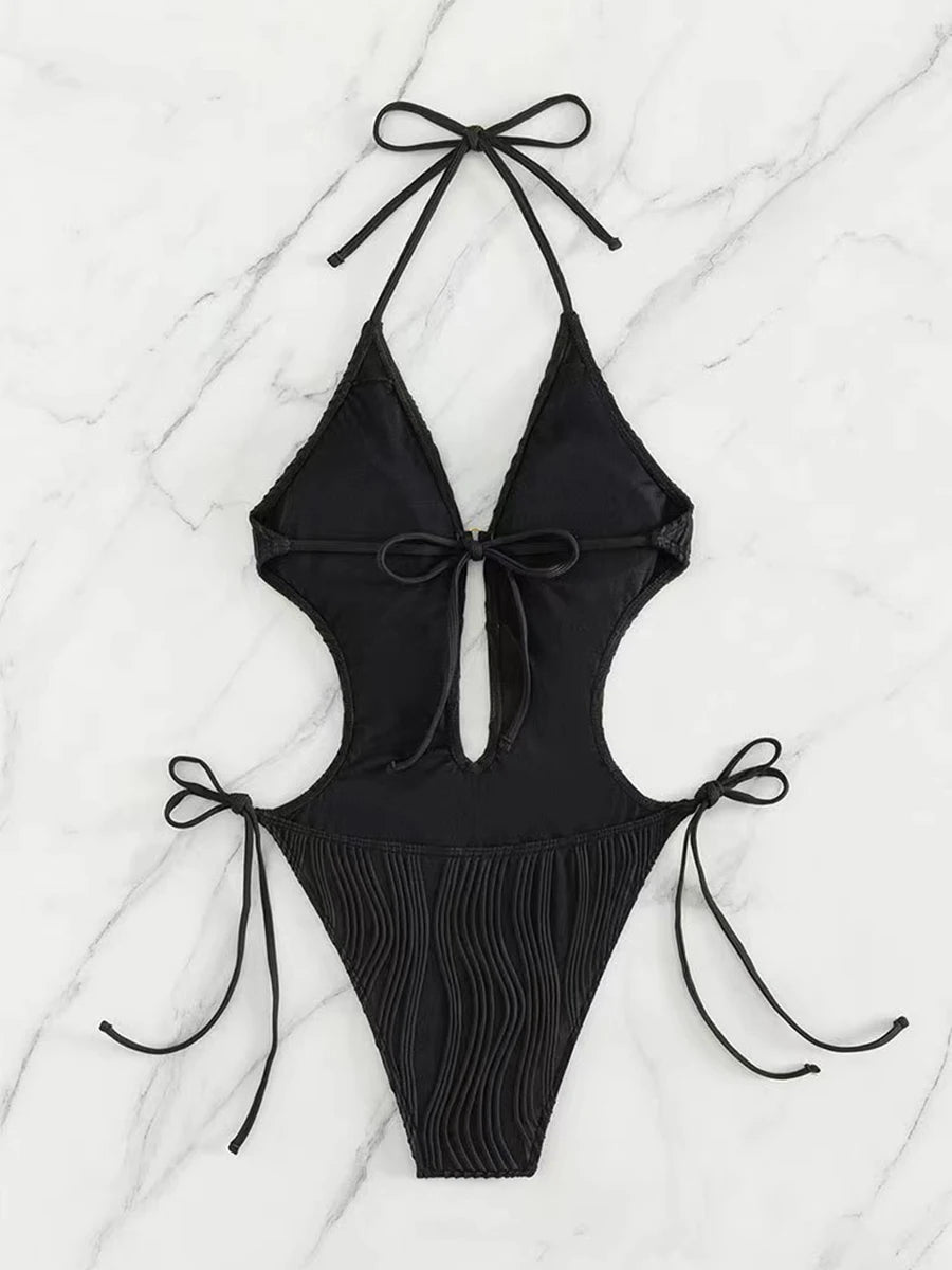 Monokini 2026 Drawstring Swimsuit One Piece Sexy Solid Hollow Swimwear Women Bathing Swimming Swim Suit Padded Beachwear Summer