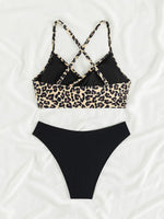 Sexy Leopard Print Cross Bikini Set 2026 Women Halter Push Up Black High Waist Swimsuit Summer Bathing Suit Two Piece Swimwear