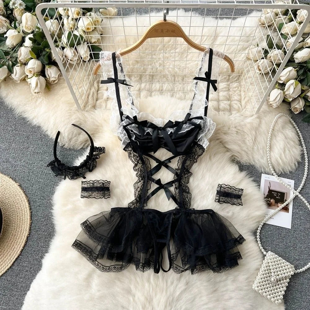 Cosplay Costume Japanese Style Kimono With Apron Ruffle Cosplay VacationPerfect Halloween Outfit Halter Dress Set Outfit Style