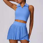 Outdoor Breathable Golf Wear Tennis Sport Sets Women Turn Down Collar Sleeveless Top Short 2 in 1 Skirt Running Fitness Set