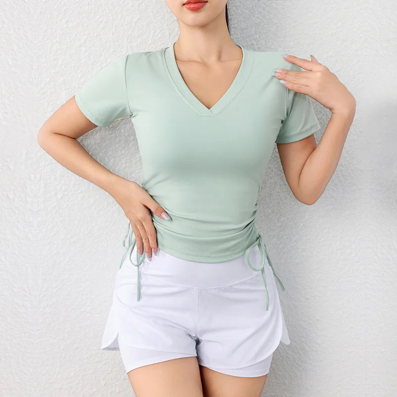 2024 Women Long Sleeve Gym Shirts Light Weight Side String Yoga Tops Plus Size Quick Dry V Neck T Shirts Workout Sports Wear