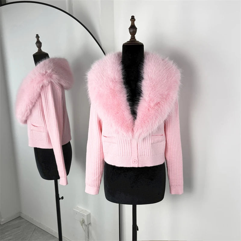 Trendix Black Knit Cardigan For Women Winter Detachable Faux Fur Collar Short Tops Street Slim Party Elegant Outerwear Top Femme