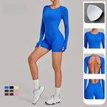 Women's Seamless Yoga Jumpsuits Sports Fitness Hip-lifting Long-sleeved Backless Training Workout Gym Shorts One-piece Jumpsuits