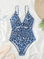 Vintage Hollow Out One Piece Swimsuit Women Blue Leopard Print Front Bow Slimming Tummy Control Swimwear 2025 Beach Bathing Suit