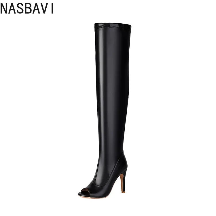 NASBAVI Super High Slim Heel Peep Toe Hollowed Boots Zipper Elastic Boots Leopard Print Flock Material Over The Knee Boots 35-48