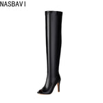 NASBAVI Super High Slim Heel Peep Toe Hollowed Boots Zipper Elastic Boots Leopard Print Flock Material Over The Knee Boots 35-48