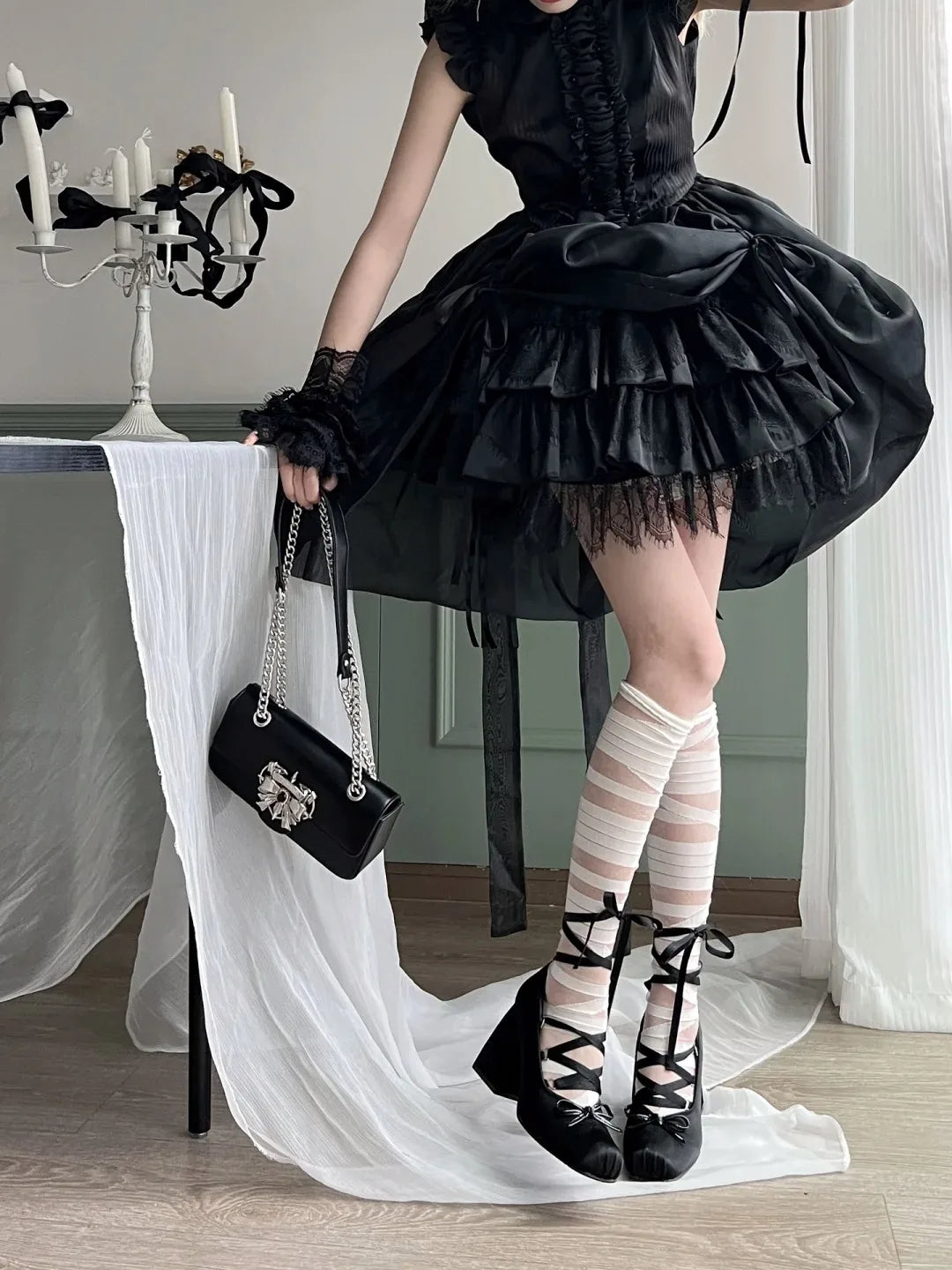 2026 y2k Block High Heels Summer Vintage Black Satin Pink Lolita Mary Janes Shoes Women Sweet Cross-tied Ballet Pumps Footwear