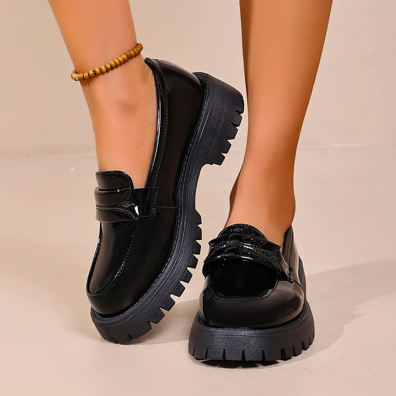 British Style Platform Loafers for Women Plus Size 43 Thick Heel Commute Work Shoes Ladies Comfort Thick Sole Pu Leather Shoes