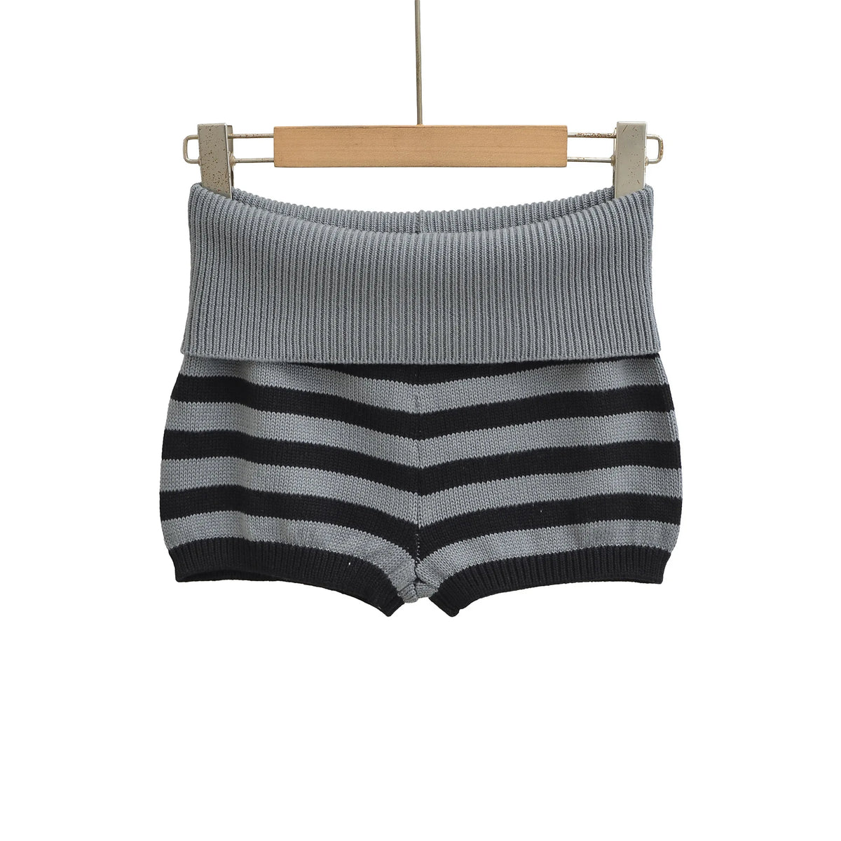 Stripe Fold Over Waist Knit Shorts For Women Soft Stretch Ribbed Fabric Relaxed Fit Retro Perfect For Casual Street Style V0HI