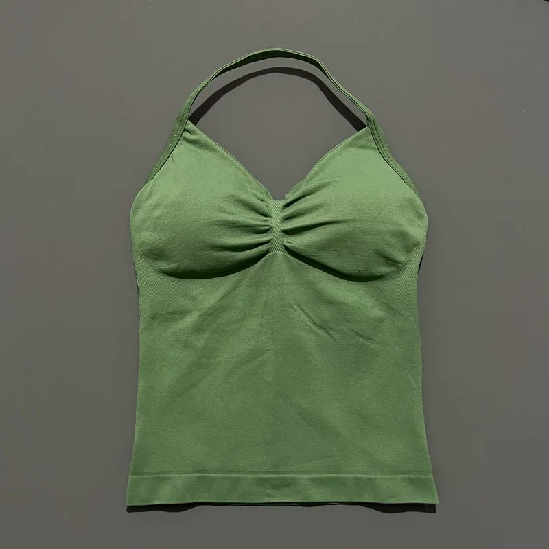 HISTELLO GYM Longline Strappy Top Women Seamless Yoga Clothing With Removable Pads V Neck Open Back Bra Workout Sports Halter