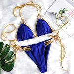 Bikini 2026 Sexy Backless Golden Rhinestone Metal Strap Hollow Swimwear Swimsuit Women Halter Bikinis Set Bathing Suit Banadores
