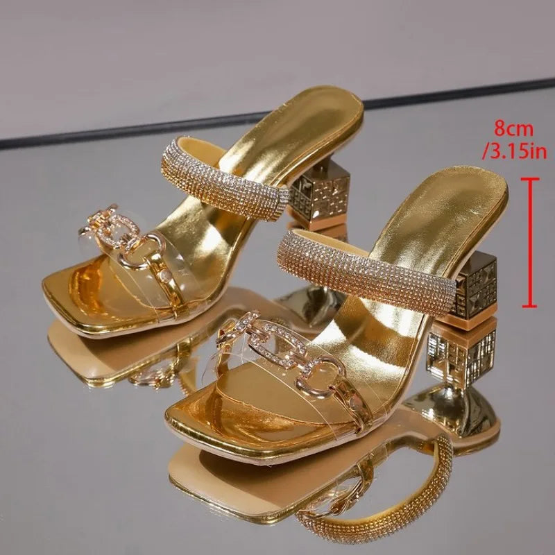Special-shaped Heel Sandals Summer New Square Head Shallow Mouth Crystal with Set Foot Non-slip High-heeled Slippers