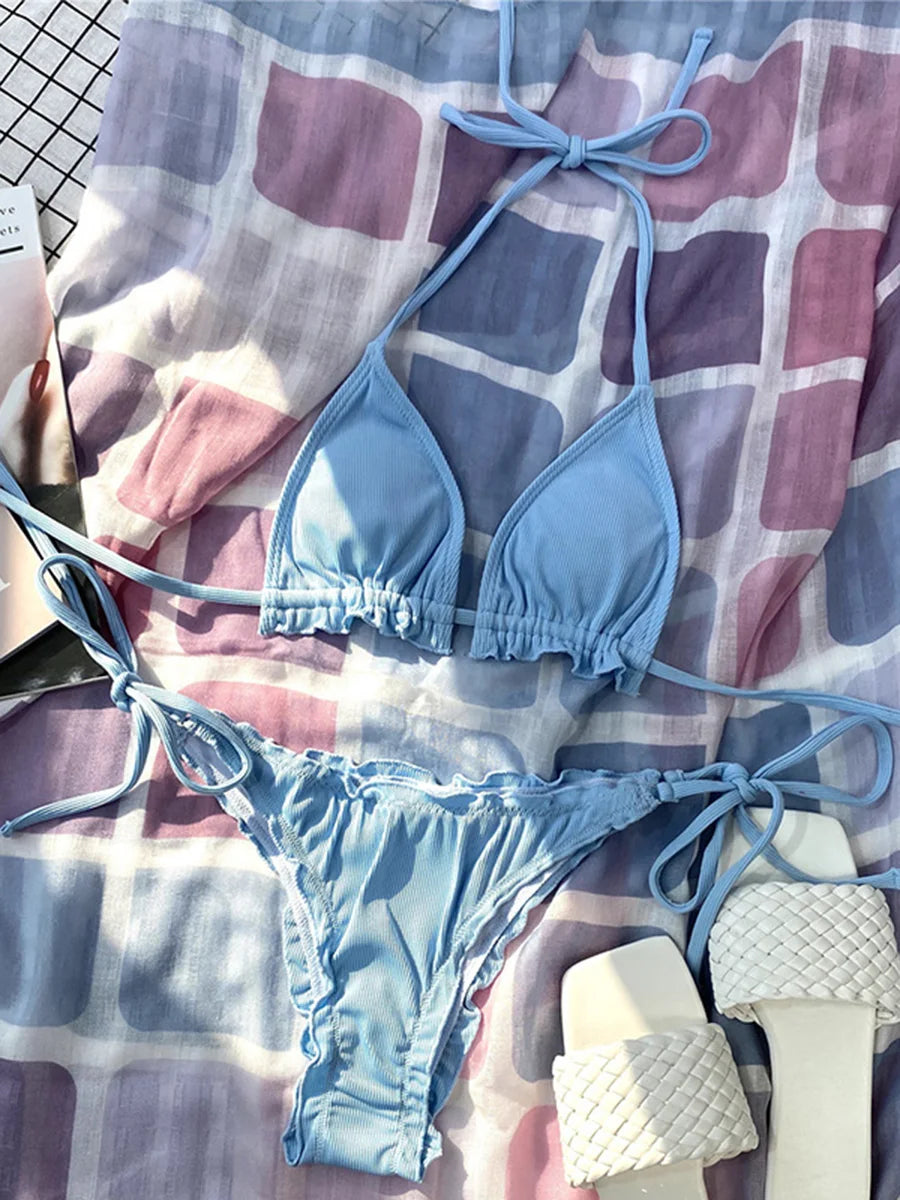 2026 Ribbed Ruffled Frilled Brazilian Bikini Women Swimsuit Female Swimwear Two Pieces Bikini Set Halter Bathing Suit Swim Lady