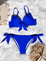 Sexy Front Bow Knot Push Up Bikinis Two Pieces Solid Swimsuit Tie Bikini Swimsuit Swimwear Biquini Conjunto De Bikini Tankini