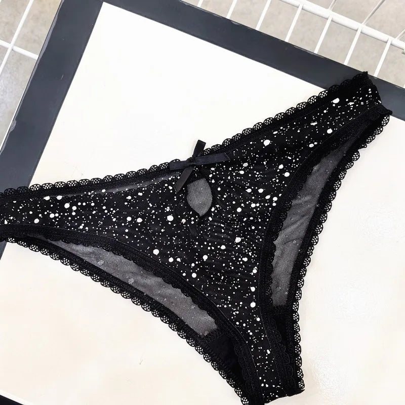 Sexy Women's Thong Erotic Cross Hollow T Pants Starry Sky Shiny Sequins Black Mesh Transparent Bow Perspective Briefs Lingerie