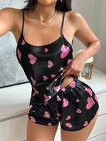 Summer Women Heart Print Satin Pajama Set Halter Round Neck Camisole Top Short Pants 2 Piece Casual Comfortable Ladies Sleepwear