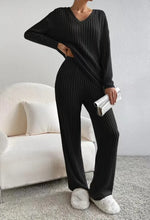 Autumn Winter Ribbed Knit Two Piece Set Womens V Neck Long Sleeve Top Wide Leg Pants Loungewear Casual Solid Color Outfit
