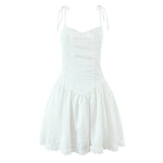 Women's Dark Pattern Bow Cute Sweet Princess Dress White And Pink Strap Mini Dress With Lace Trim Bow And Flared Ruffle Hem SK6A