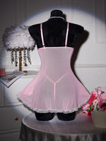 Pink Transparent Ultra Thin Hot Nightgown Women's Pajamas With Thongs Lace Mesh Dress For Sex V-Neck Backless Sexy Lingerie
