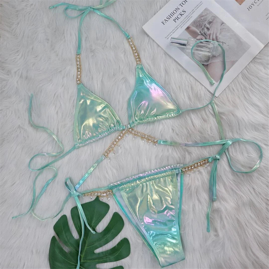 Diamond Rhinestones PU Faux Leather Bikini Female Swimsuit Women Swimwear Two-pieces Bikini Set Bather Bathing Suit Swim V5131