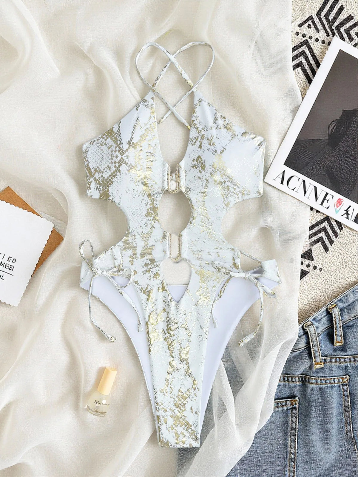 Sexy White Brozing Sequin Snake Print One Piece Swimwear Women 2026 Hollow Out Backless Thong Bikini Beach Bathing Suit Wimsuit