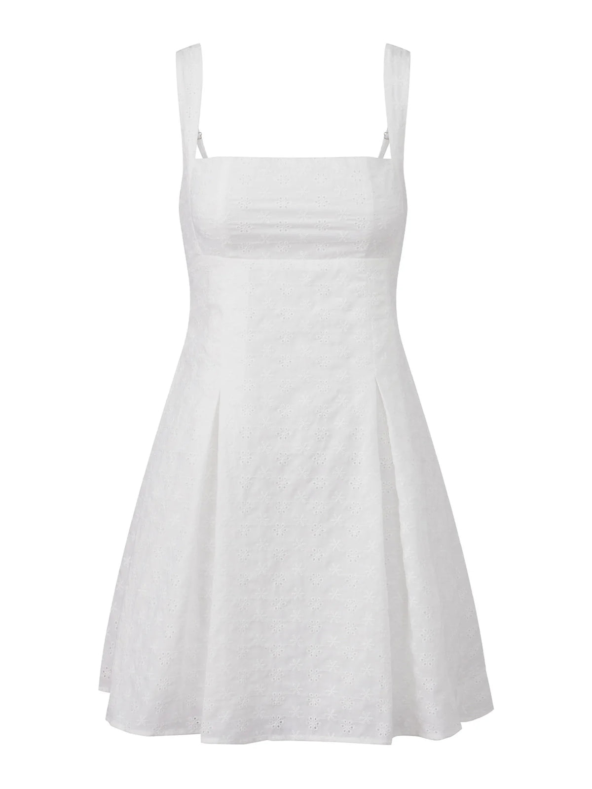 2026 Summer Women's Floral Eyelet White Cami Dress Sleeveless Square Neck A-line Dress Beach Bohemian Retro Sundress