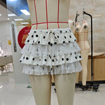 Women Dot Print Mini Shorts Patchwork Lace Layered Ruffle Drawstring Shorts Stylish Summer Bloomers