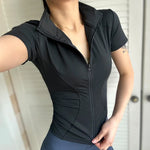 Summer High Quality Waist Slimming Training Tops Women's Quick-drying Tight Stand Collar Full Zipper Short Sleeves Yoga Shirts