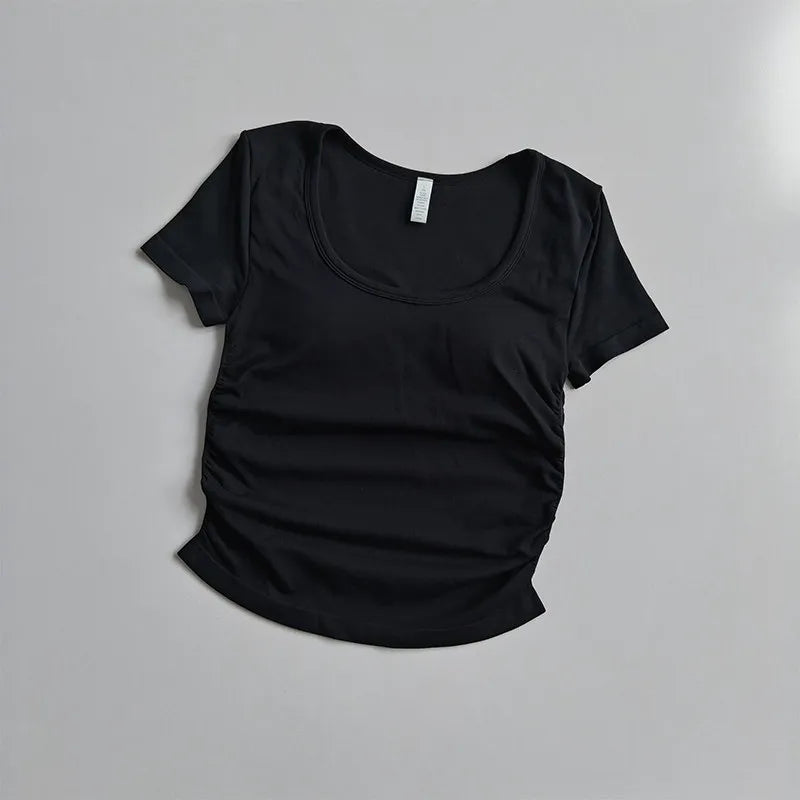 Big round Neck Yoga T-Shirt Short-Sleeved Slimming Sports Top with Fixed Chest Cushion for Running Pilates Summer Stretch