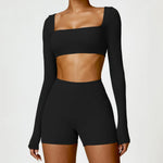 Hearuisavy Summer 2PCS Long Sleeve Gym Set Women Yoga Clothes Quick-Drying Sportswear Running Leggings Workout Sports Crop Top