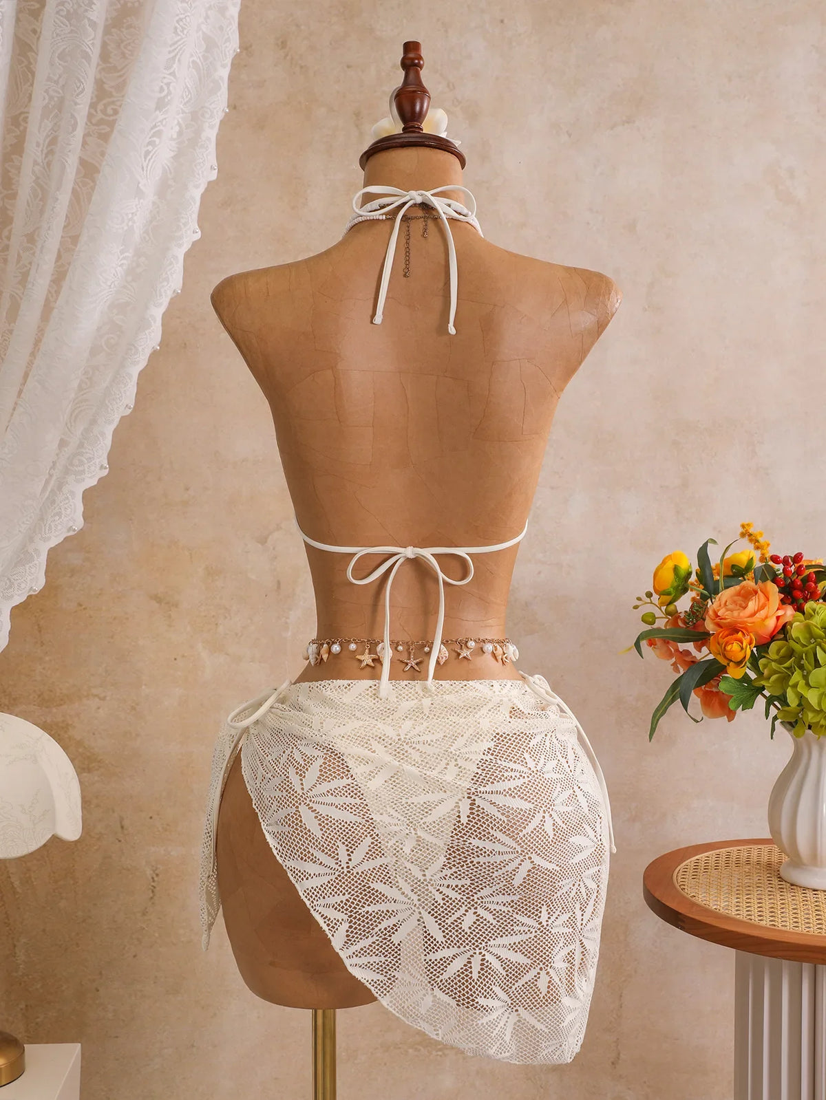 Sexy Mesh Cover Up 3 Piece Bikini Set 2026 Women White Metal Circle Push Up Bra Thong Swimwear Holiday Bathing Suit Swimsuit