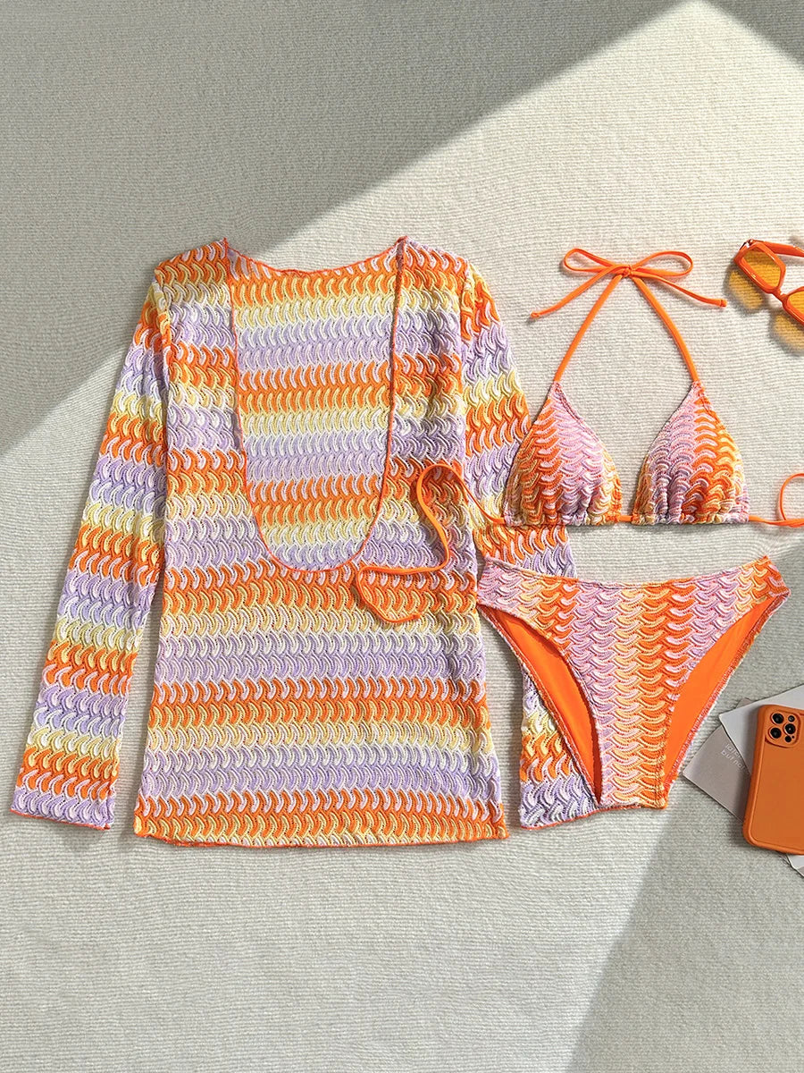With Long Sleeve Cover Up Bikini Female Swimsuit Women Thong Swimwear Three-pieces Bikini Set Bather Bathing Suit Swim Beachwear