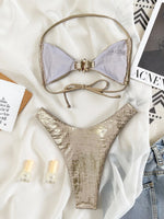 2026 Summer Women's Swimsuit Sexy Backless Neck Hanging Swimwear Sequins Metal Decor Bikini Set Low Waist Bathing Suit Beachwear