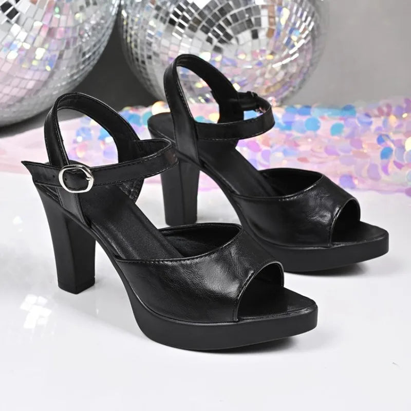Women Classic Comfort Black Patent Leather Peep Toe High Quality Sandal Shoes Lady Fashion