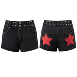 Summer Women Denim Shorts with Stars Patch Pockets Riveted Waisted Slim Fit Jeans Shorts Daily Casual Hot Short Pants Streetwear