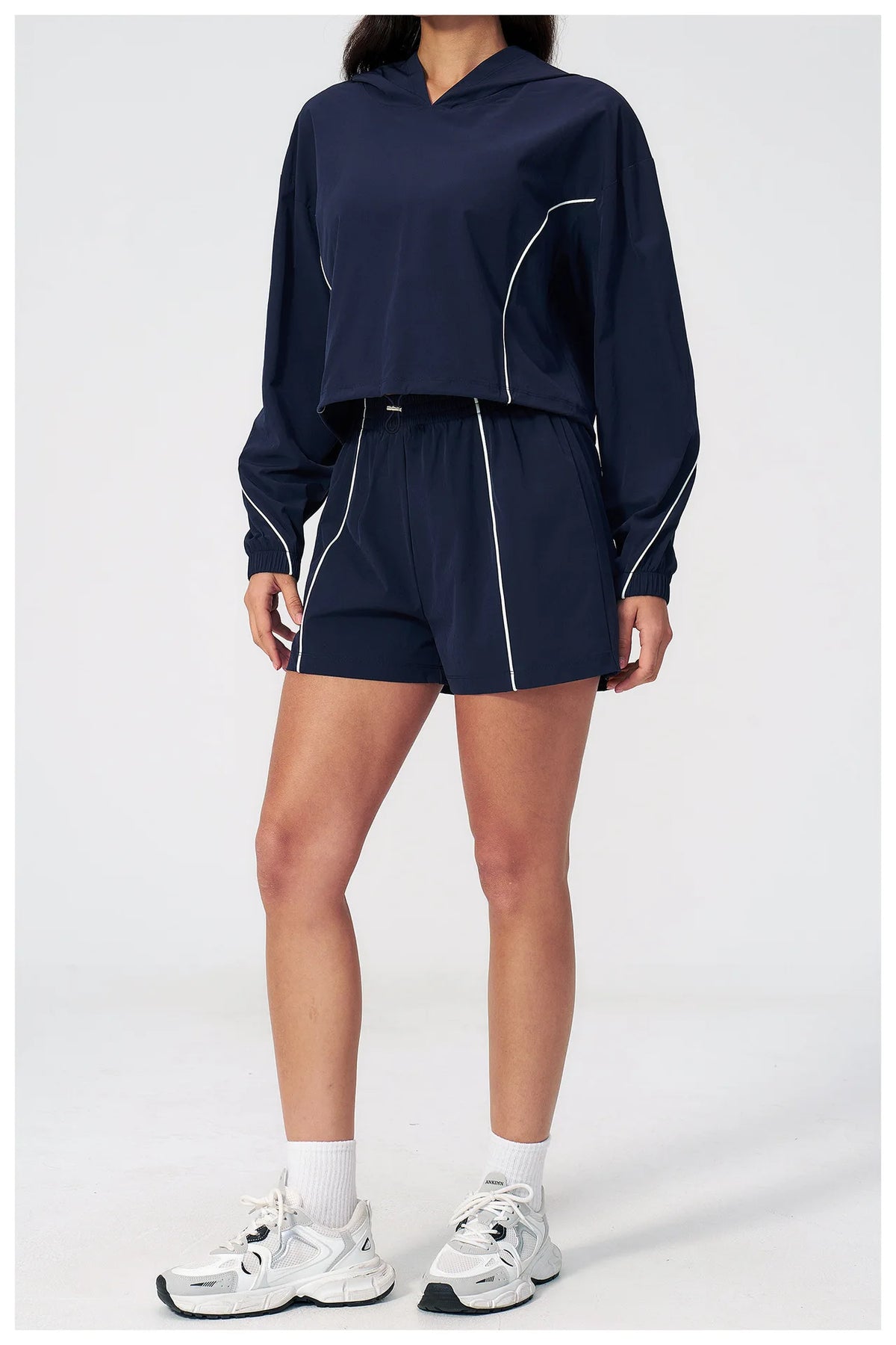 Summer Sun Protection Yoga Suit Women Contrasting Colors Long Sleeve Hoodies Top High Waist Shorts Running Fitness Athletic Wear
