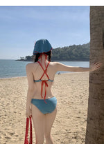 New Blue Plaid Bikini Set Cute Sea Vacation Four-Piece Suit Separate Design High Quality Girls Pure Desire Cross-Border Item