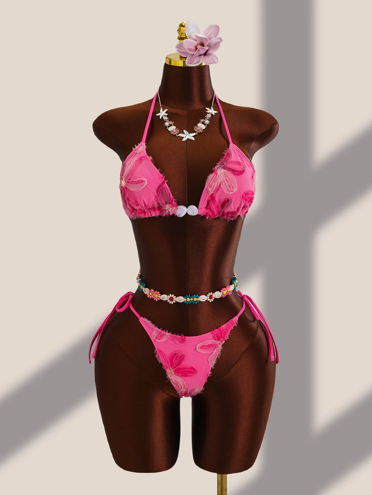 Sexy Pink Floral Embroidery Bikini Set 2026 Women Push Up Bra Triangle Swimsuit Holiday Bathing Suit Cover Up 3 Piece Swimwear