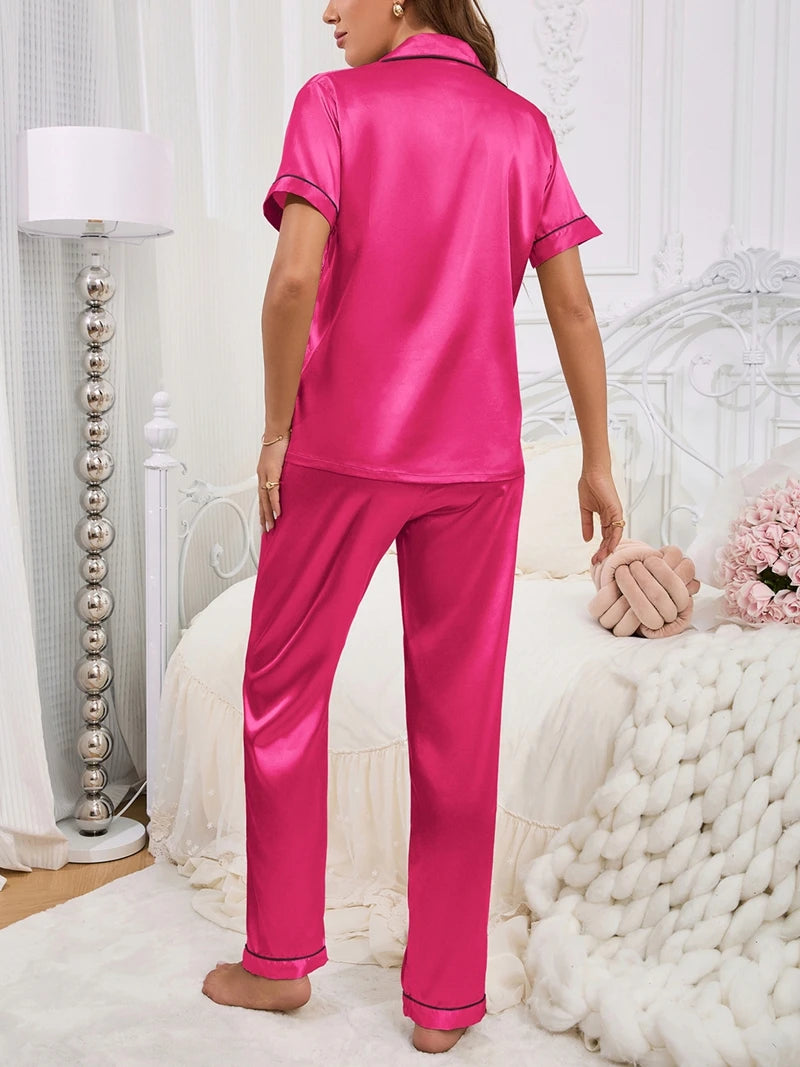 Silk 2Pcs Pyjama Set For Women Short-Sleeve With Pockets And Long Pants Soft Smooth Touch Luxurious Ladies' Sleepware Nightshirt