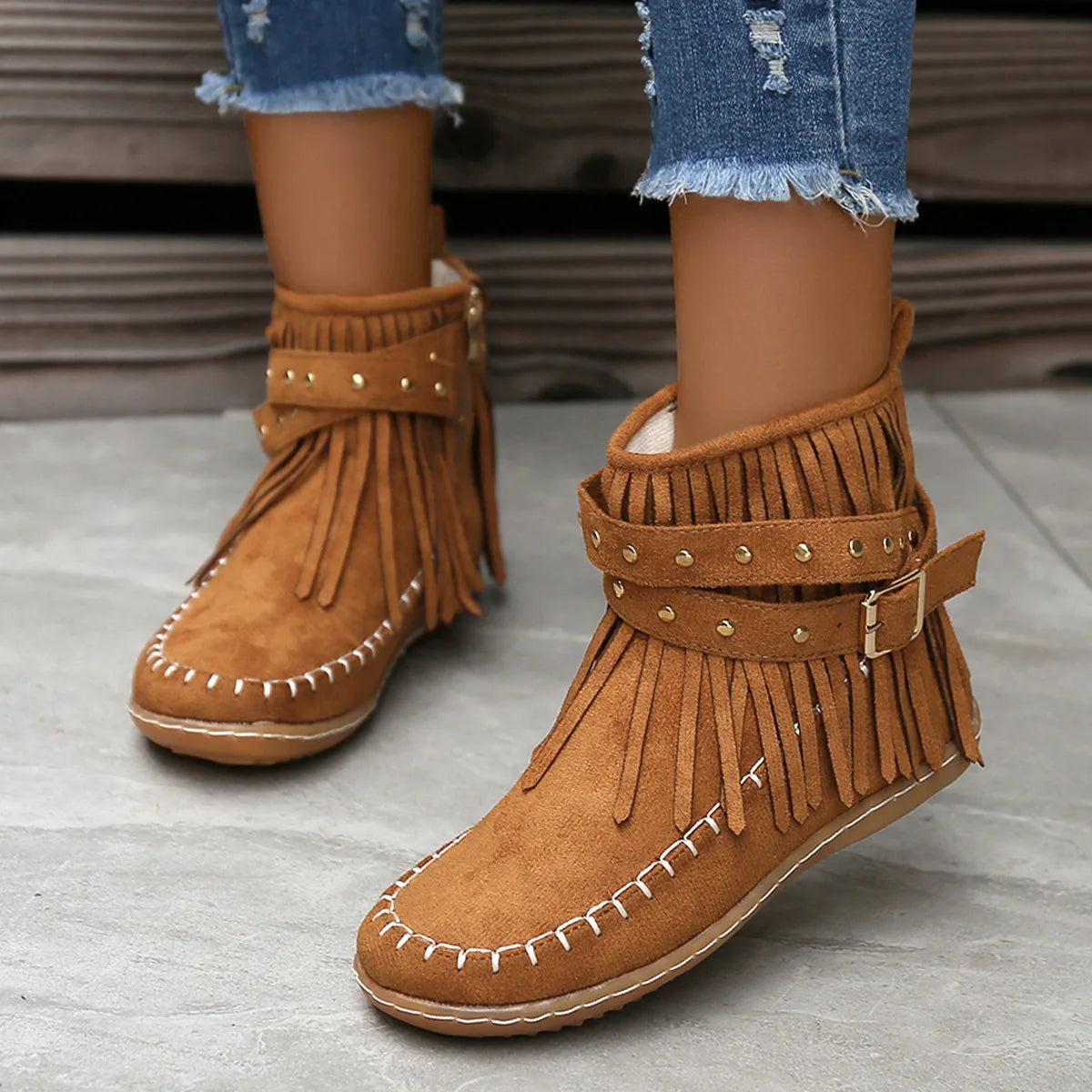 Vintage Women Boots Suede Ankle Boots Fringe Women Shoes Winter Boots Women Side Zipper Casual Shoes Ladies Snow Boot