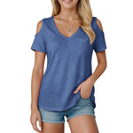 Women V Neck Cold Shoulder Short Sleeve T Shirt Soft Loose Fit Solid Color Basic Tees Spring Summer Casual Daily Streetwear 2026
