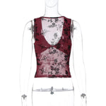 FDYOUI Sexy V-neck Floral Tank Tops for Women 2026 Summer Sleeveless T-shirt Ladies See-through Mesh Corset Top Black Wine Red