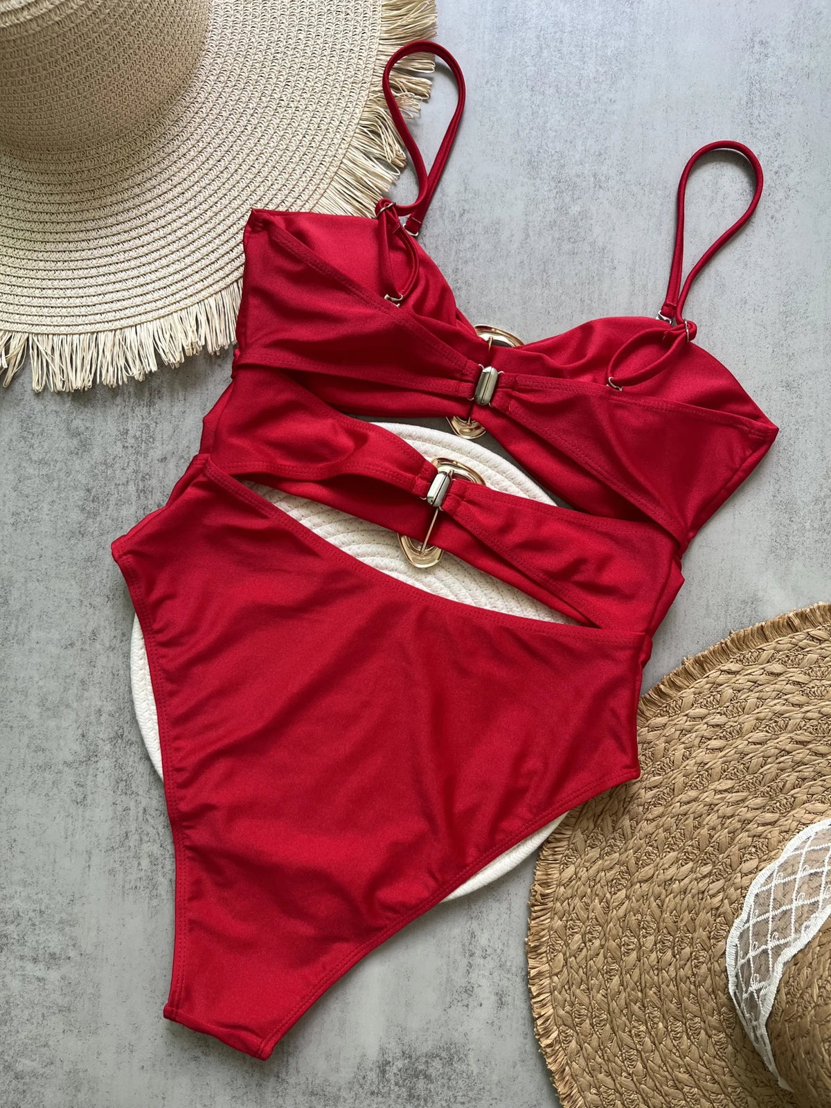 6 Colors Sexy Metal Rings Cut Out Women Swimwear One Piece Swimsuit Female Bandeau High Leg Cut Bather Bathing Suit Swim B027D