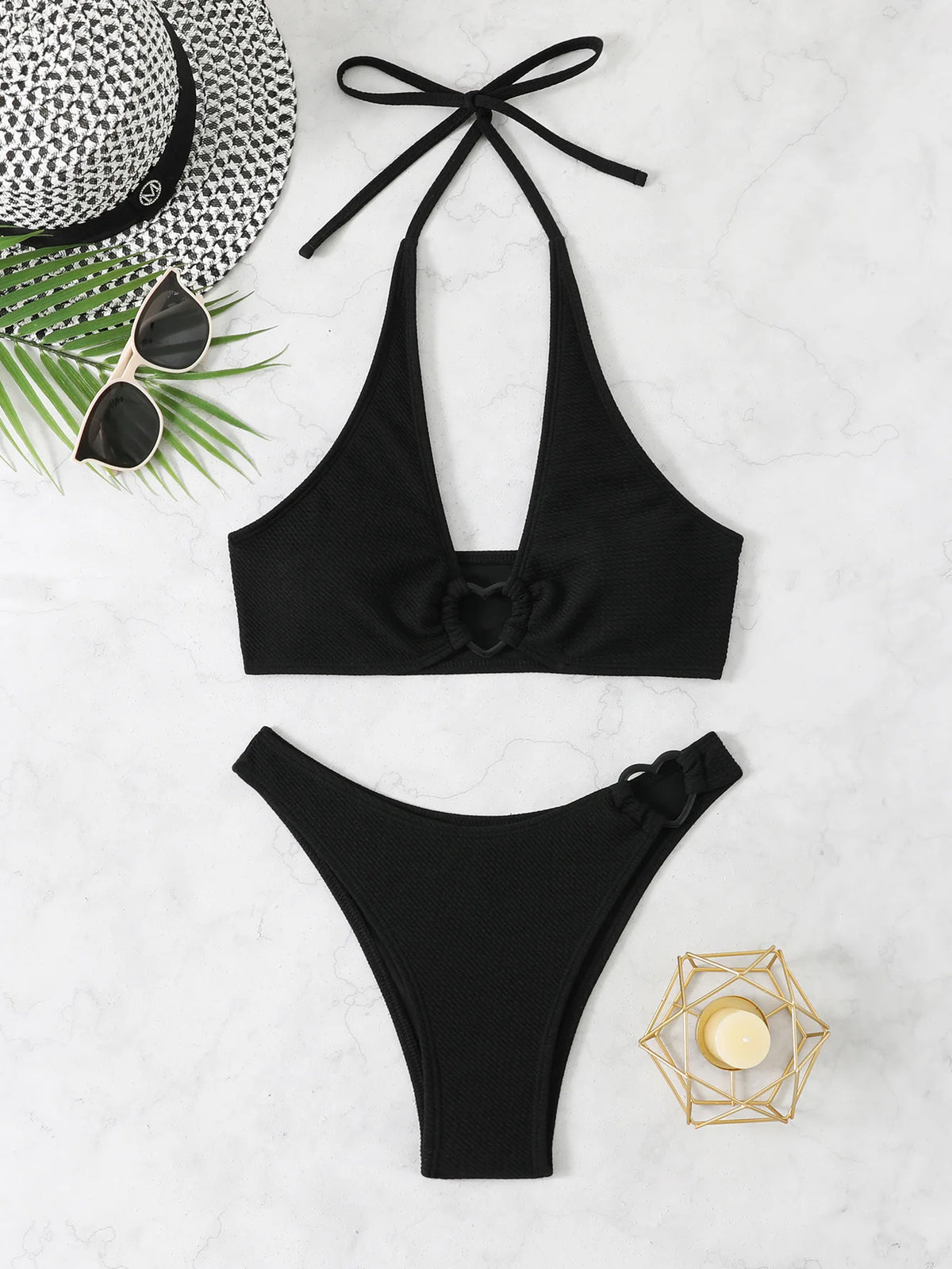 White Thong Bikinis Women 2025 Heart Ring Linked Two Pieces Swimsuit Halter Separate Bikini Set Swim Bathing Suits Beach Wear