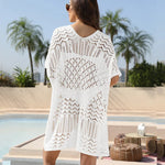 Sexy Hollow Out Beach Cover Up Women Blue White Knitted Crochet Tunic Mini Dress Short Sleeve V Neck Loose Cover-ups Beachwear